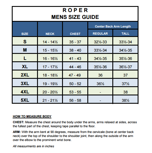 Roper Clothing Size Chart