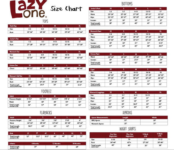 Lazy One Boxers Size Chart