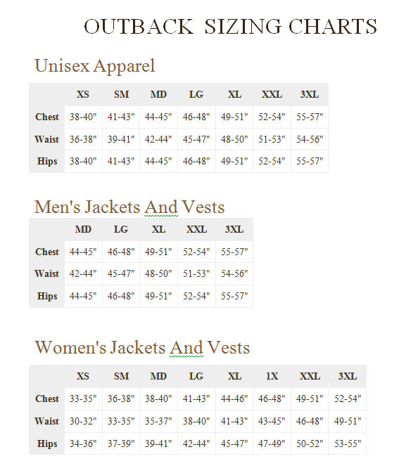 Outback Trading Company Size Chart